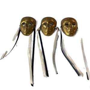 Set of 3 Vintage Brass Venetian Style Masquerade Wall Masks with Ribbons